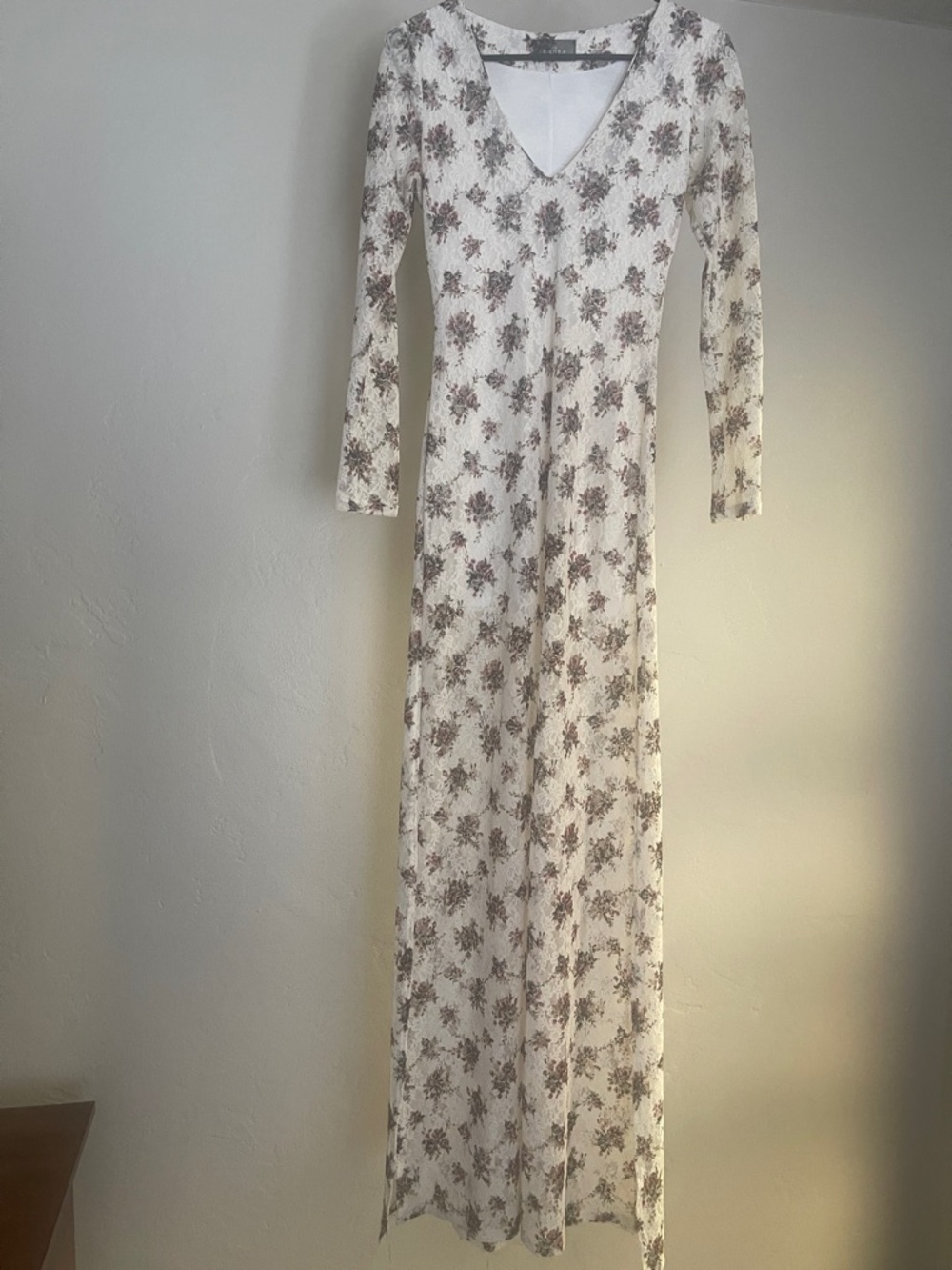 For Sienna Long-Sleeve V-Neck Maxi Dress in Cream with Brown Floral Print